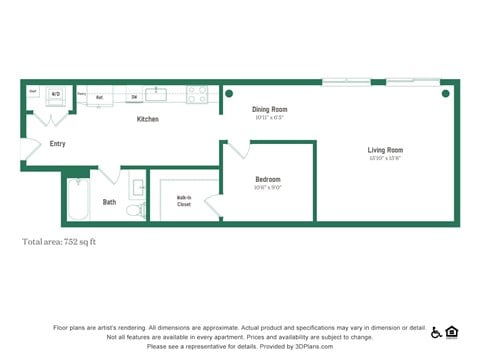 Floor plan for studio, 1 bath, 752 sqft
